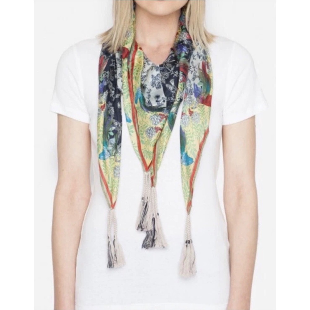 Johnny Was Womens 100% Silk Square Scarf Floral Bird Print Tassels 43x43 Multi